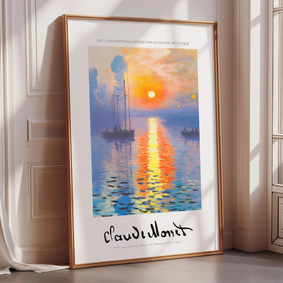 A framed painting depicting a serene sunset over a body of water, with boats in the foreground.