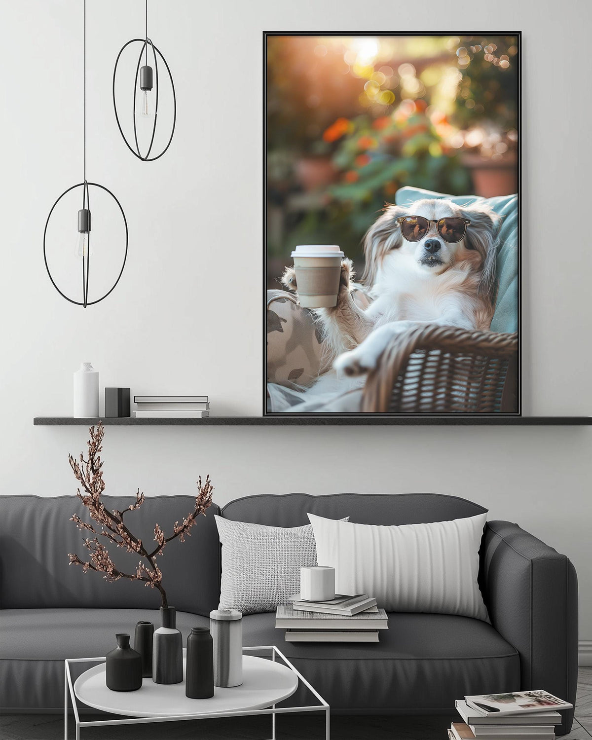 A cozy living room with a gray sofa, a coffee table, and a large framed photograph of a dog wearing sunglasses and holding a coffee cup.