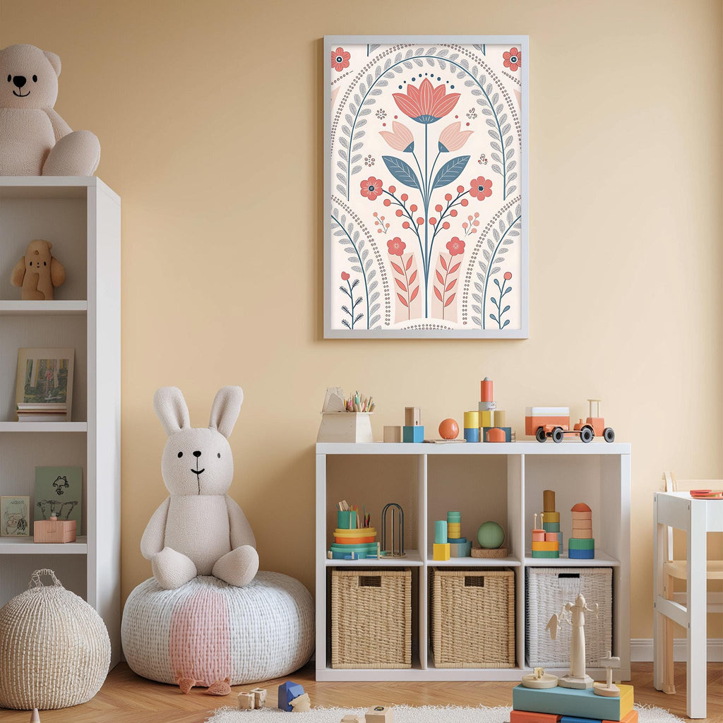 A cozy and colorful children's bedroom with a large floral print on the wall, a white bookshelf filled with toys, and a plush rabbit sitting on a bean bag chair.