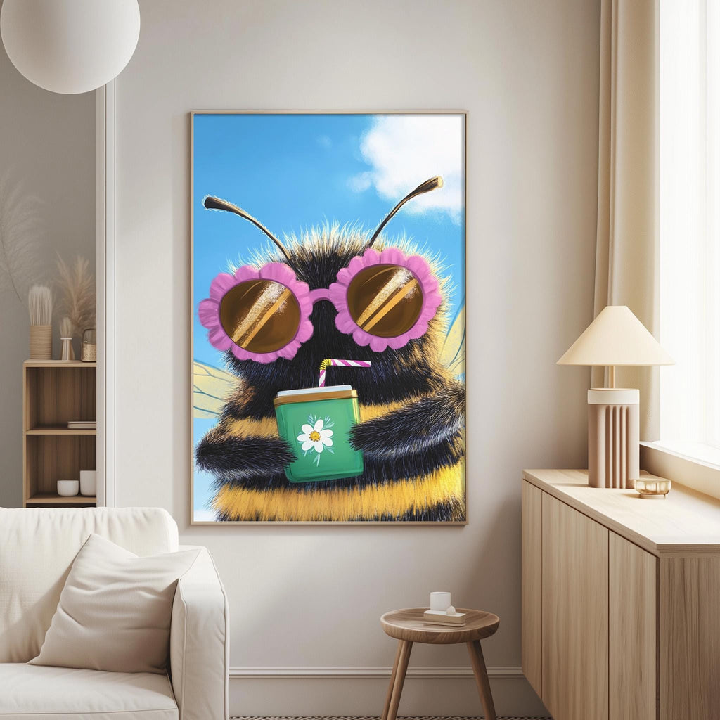 a large painting of a bee wearing sunglasses and holding a drink, hanging on a wall in a living room.
