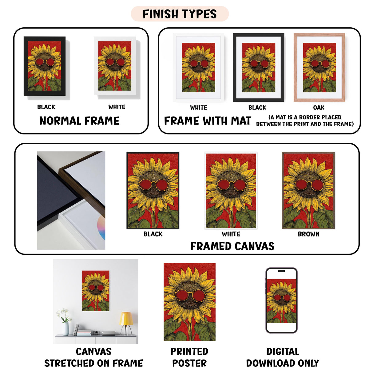 various finish types for a framed artwork, including a black and white normal frame, a white frame with a mat, a black frame, a white framed canvas, a stretched canvas, a printed poster, and a digital download only.