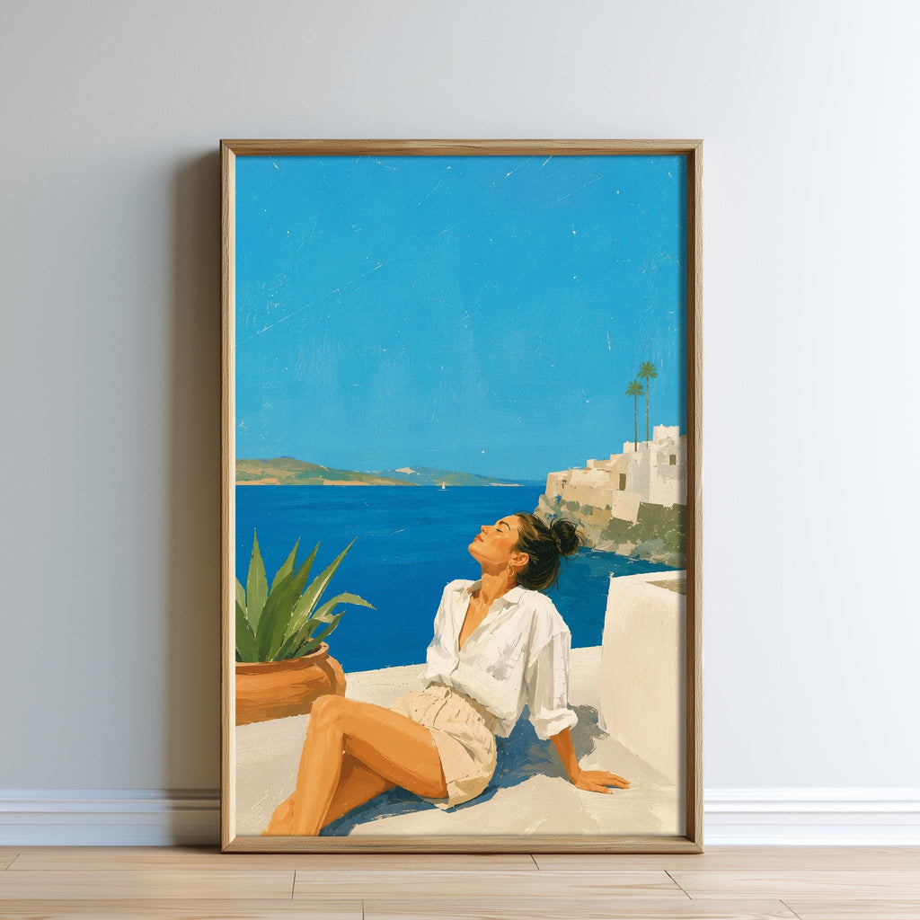 A woman is sitting on a balcony, looking out at the ocean and the buildings in the distance.