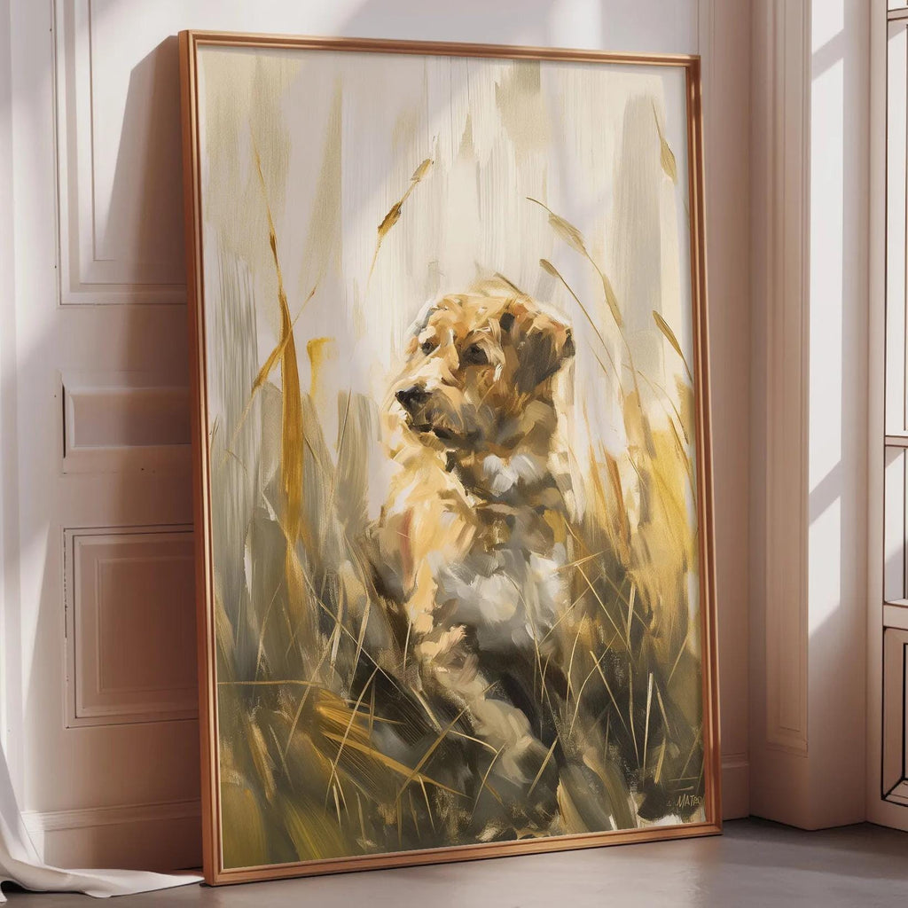 a large painting of a dog sitting in tall grass, with a warm and earthy color palette.