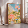 a large, framed poster of a vibrant, colorful garden scene with flowers and plants.