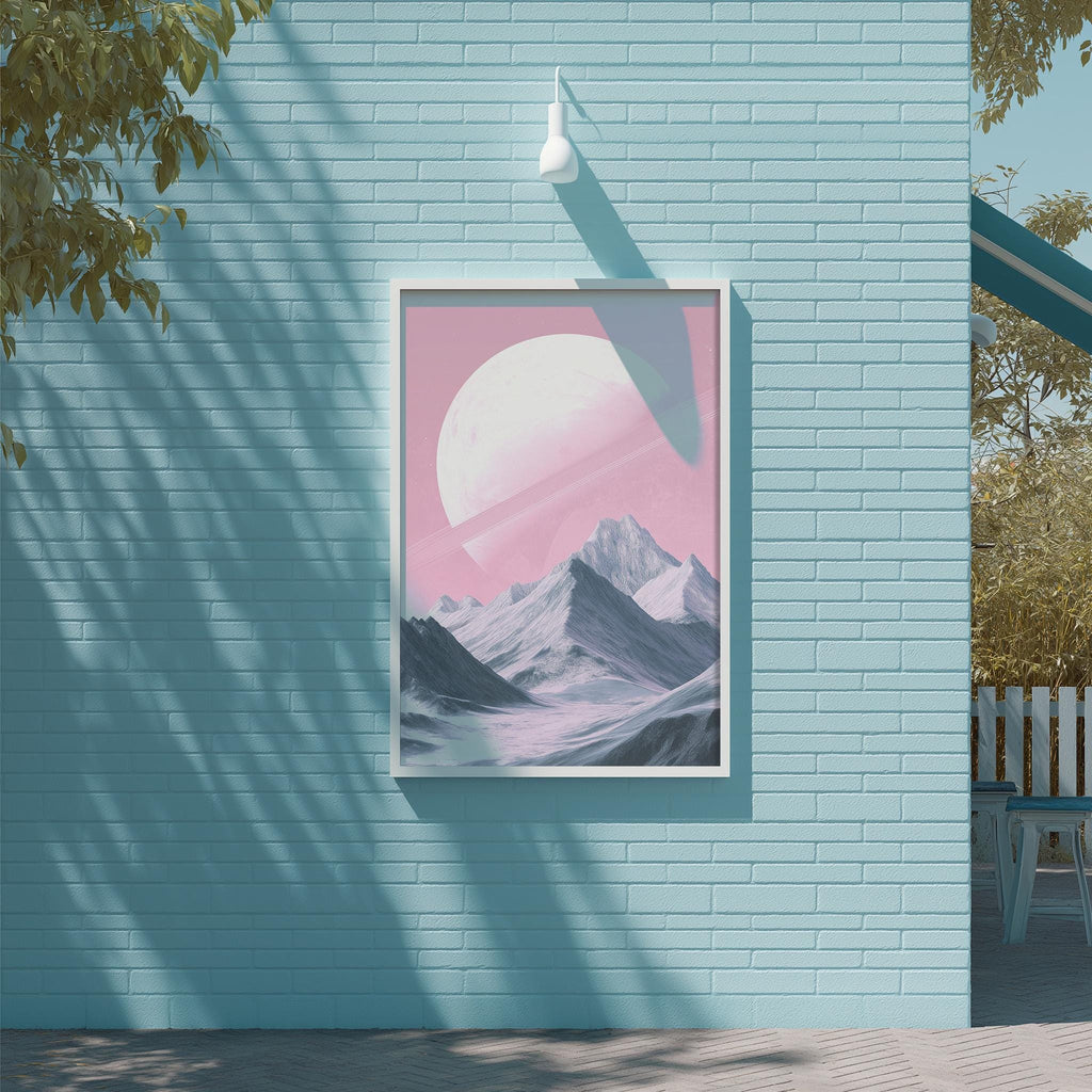 a large, framed picture of a mountain landscape with a large, pink moon in the sky, hanging on a blue brick wall.