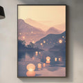 a serene kitchen scene with a framed picture of a tranquil lake and mountains in the background, complemented by a wooden cutting board and various kitchen accessories on the countertop.