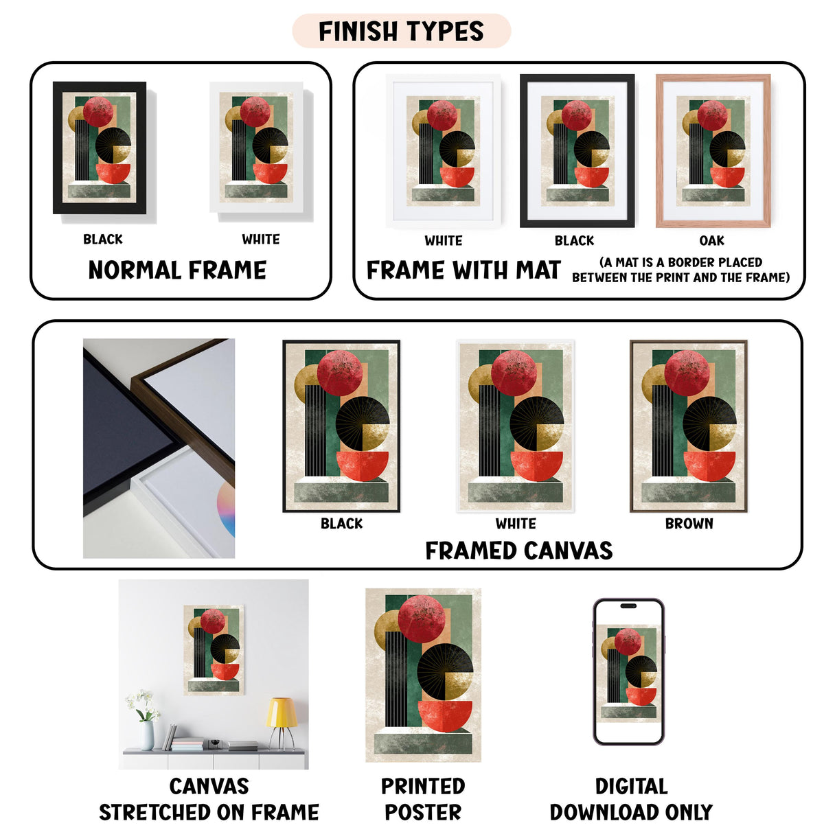 various finish types for artwork, including canvas, framed canvas, stretched canvas, printed poster, and digital download only.