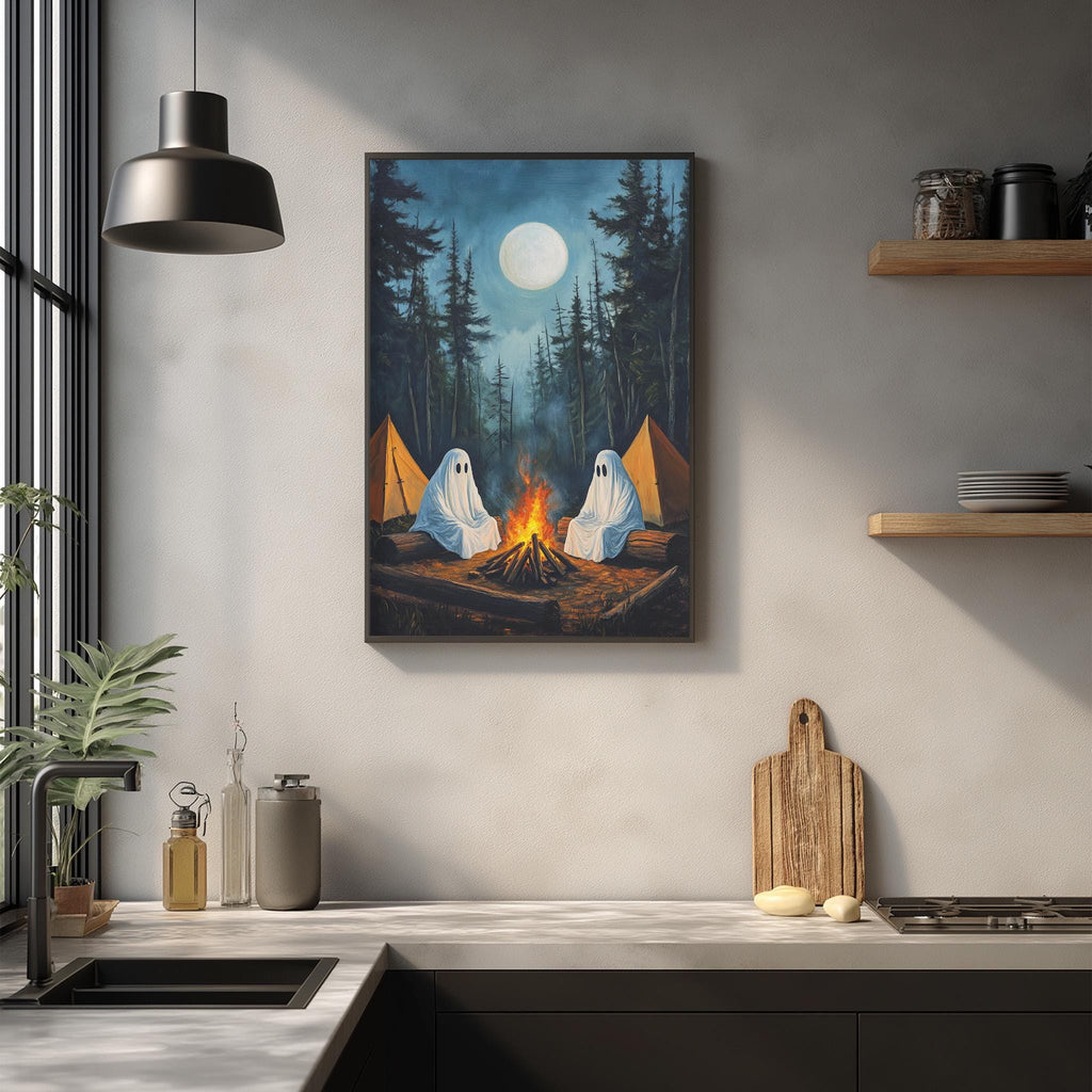 a painting of two ghostly figures sitting by a campfire in a forest, with a full moon in the background.