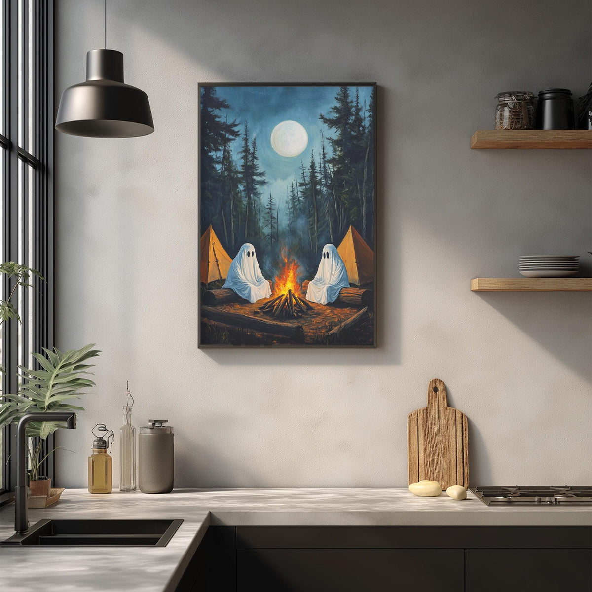a painting of two ghostly figures sitting by a campfire in a forest, with a full moon in the background.