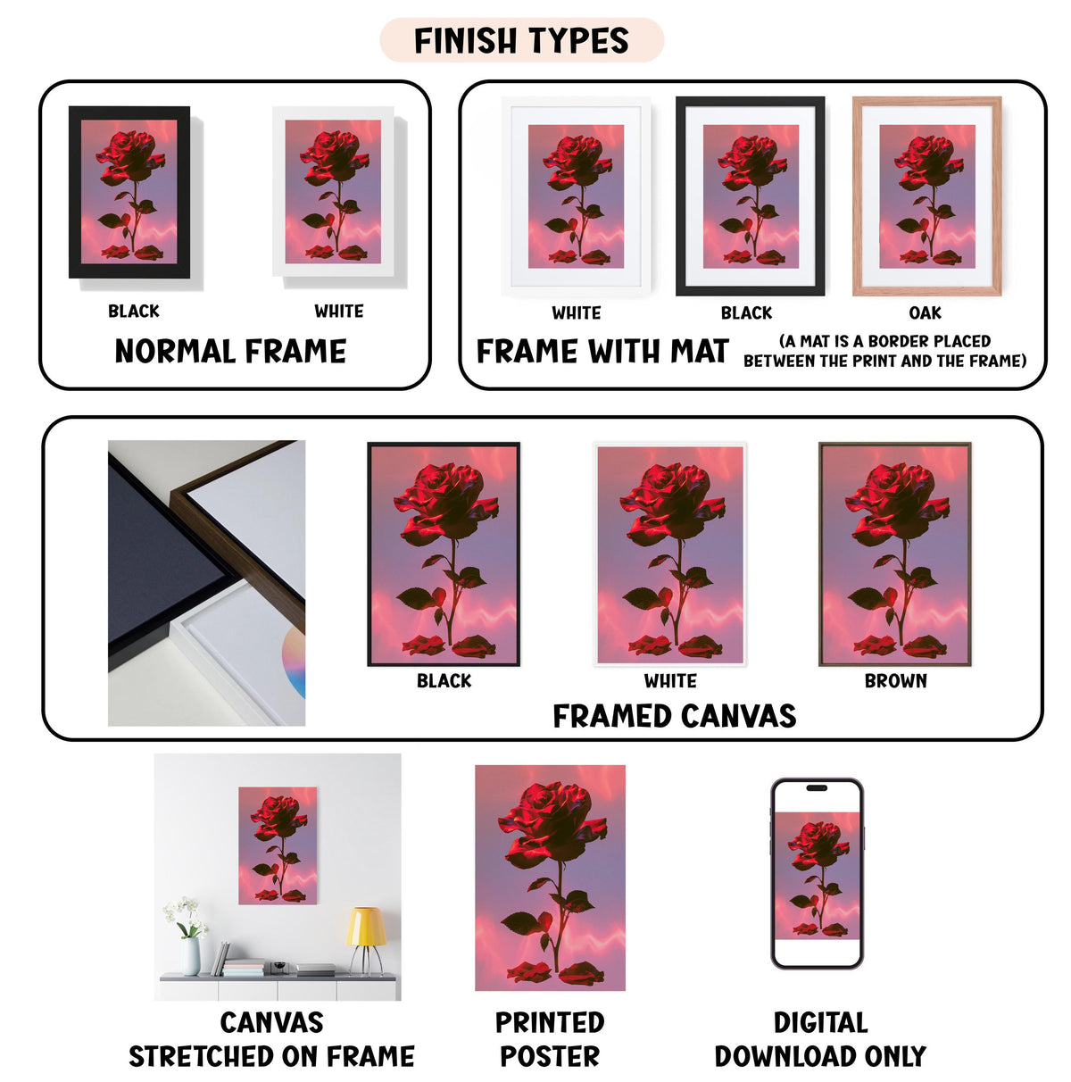 various finish types for a framed rose image, including black, white, black, oak, white, black, white, black, white, brown, framed canvas, canvas stretched on frame, printed poster, and digital download only.