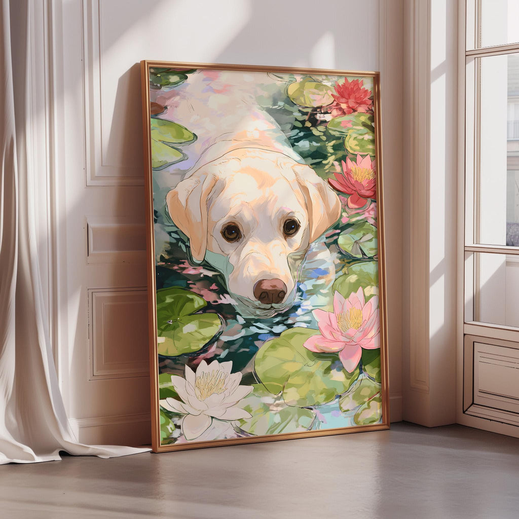 A framed painting of a dog's face surrounded by colorful lily pads and flowers, set against a white wall.