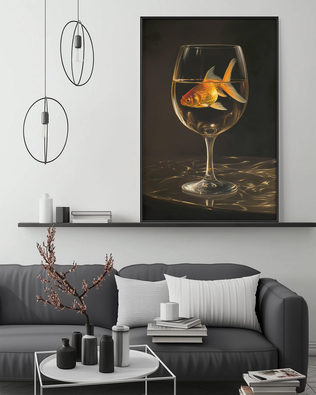 a large painting of a goldfish swimming in a glass of water, hanging on a wall above a gray couch with a coffee table in front of it.