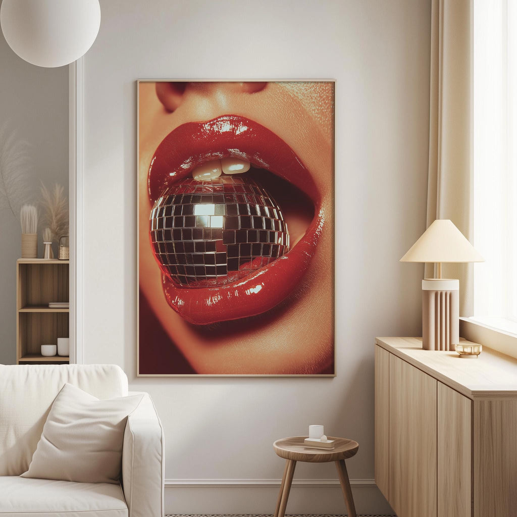 a close-up of a person's lips with a disco ball, creating a visually striking and artistic composition.