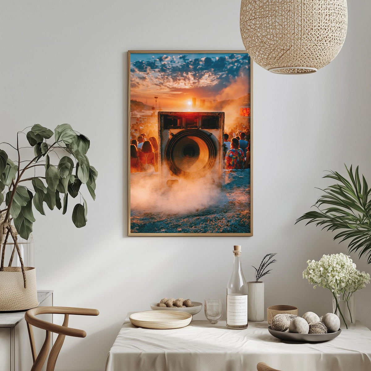 a framed photograph of a large speaker or microphone on a wall, with a crowd of people in the background. The photograph is surrounded by various decorative elements, such as potted plants, vases, and bowls, creating a cozy and inviting atmosphere.