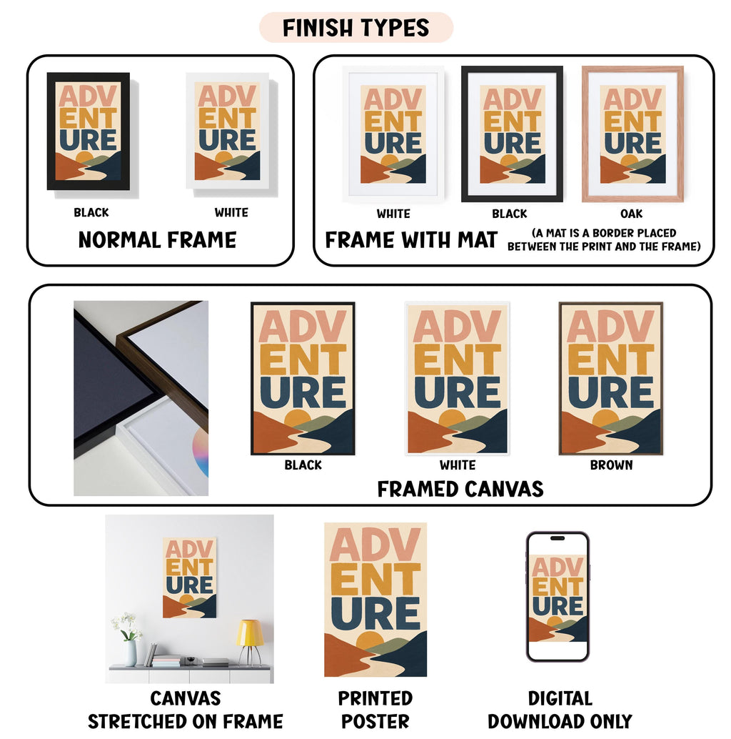 various finish types for a canvas print, including black, white, black, oak, white, framed canvas, and digital download only.