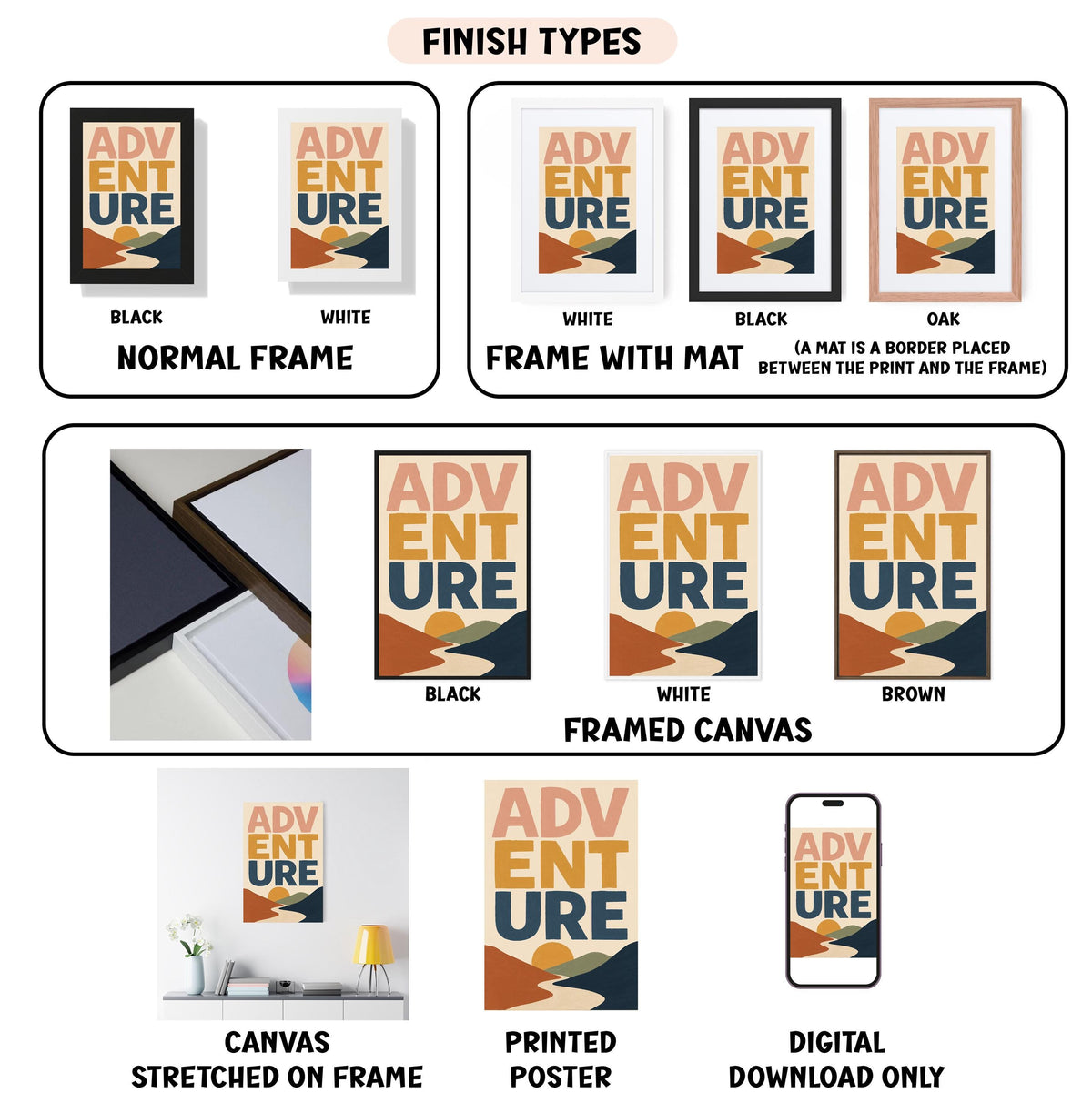 various finish types for a canvas print, including black, white, black, oak, white, framed canvas, and digital download only.