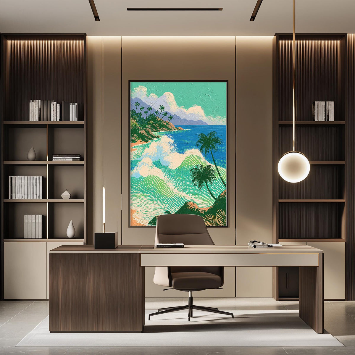a modern office space with a large painting of a tropical beach scene hanging on the wall above a desk with a chair.