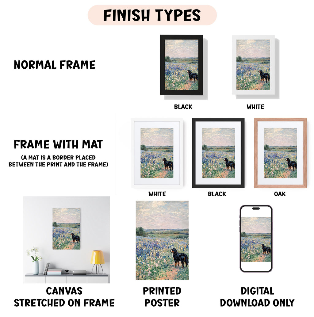 various types of artwork, including a painting of a dog in a field, framed artworks, and digital art. The artwork is presented in different frame styles, such as a normal frame, a frame with a mat, and a white frame. The artwork is also categorized as a canvas stretched on a frame, a printed poster, and a digital download only.