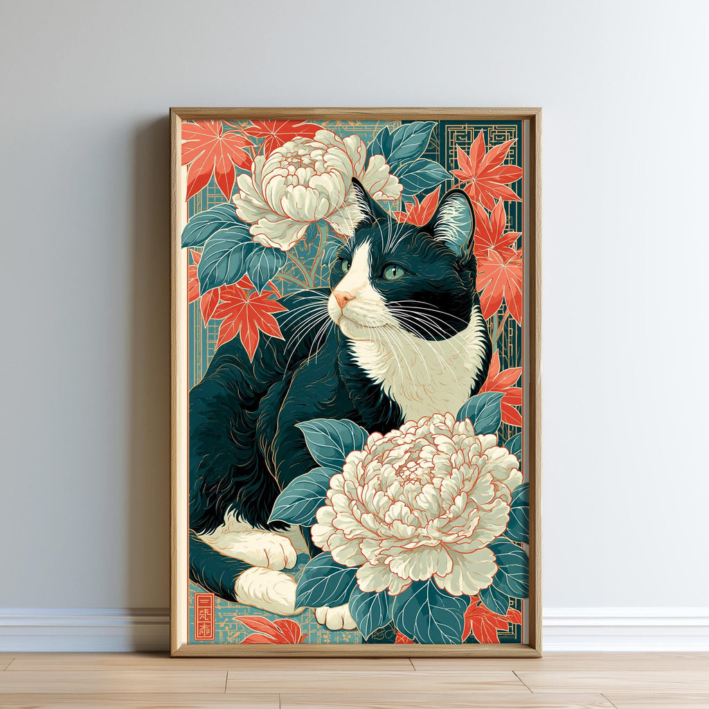 A framed illustration of a black and white cat surrounded by a vibrant floral arrangement of white and orange flowers, green leaves, and a green background.