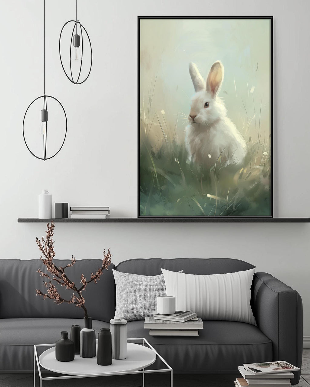 a large painting of a white rabbit sitting in a grassy field, hanging on a wall above a gray couch with white pillows.