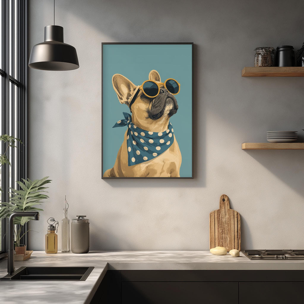 A framed illustration of a dog wearing sunglasses is displayed on the wall above a kitchen counter.