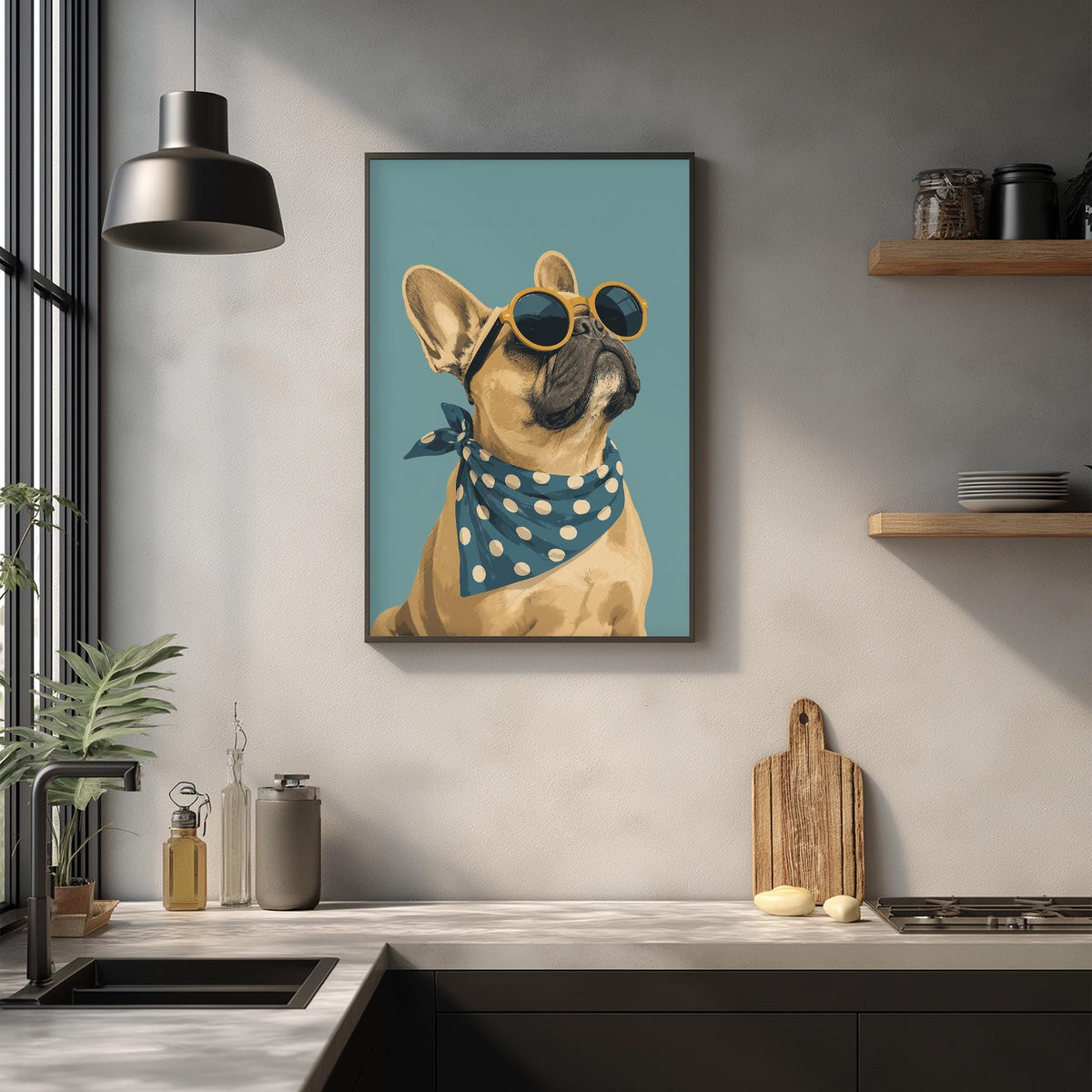 A framed illustration of a dog wearing sunglasses is displayed on the wall above a kitchen counter.