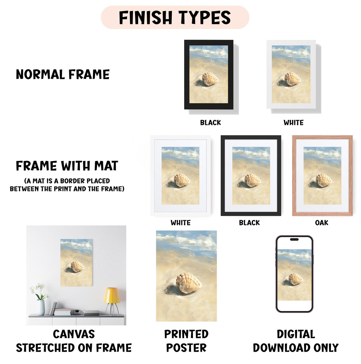 various finish types for artwork, including a normal frame, a frame with a mat, a white frame, a black frame, an oak frame, a white poster, and a digital poster.