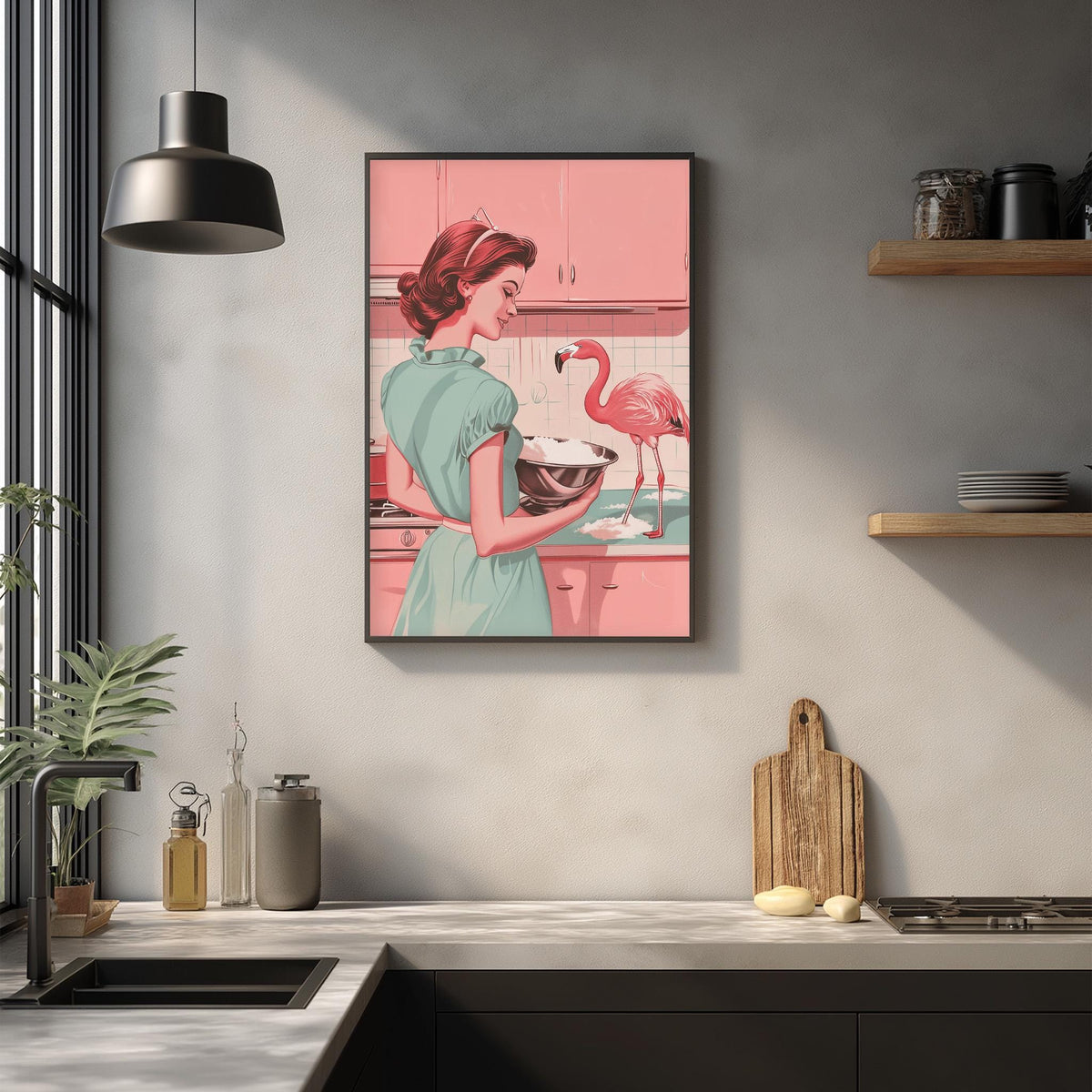 a framed illustration of a woman in a green dress standing in a kitchen, holding a bowl and interacting with a pink flamingo.