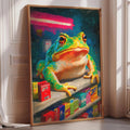 A framed painting depicting a green frog sitting on a shelf filled with various colorful boxes.