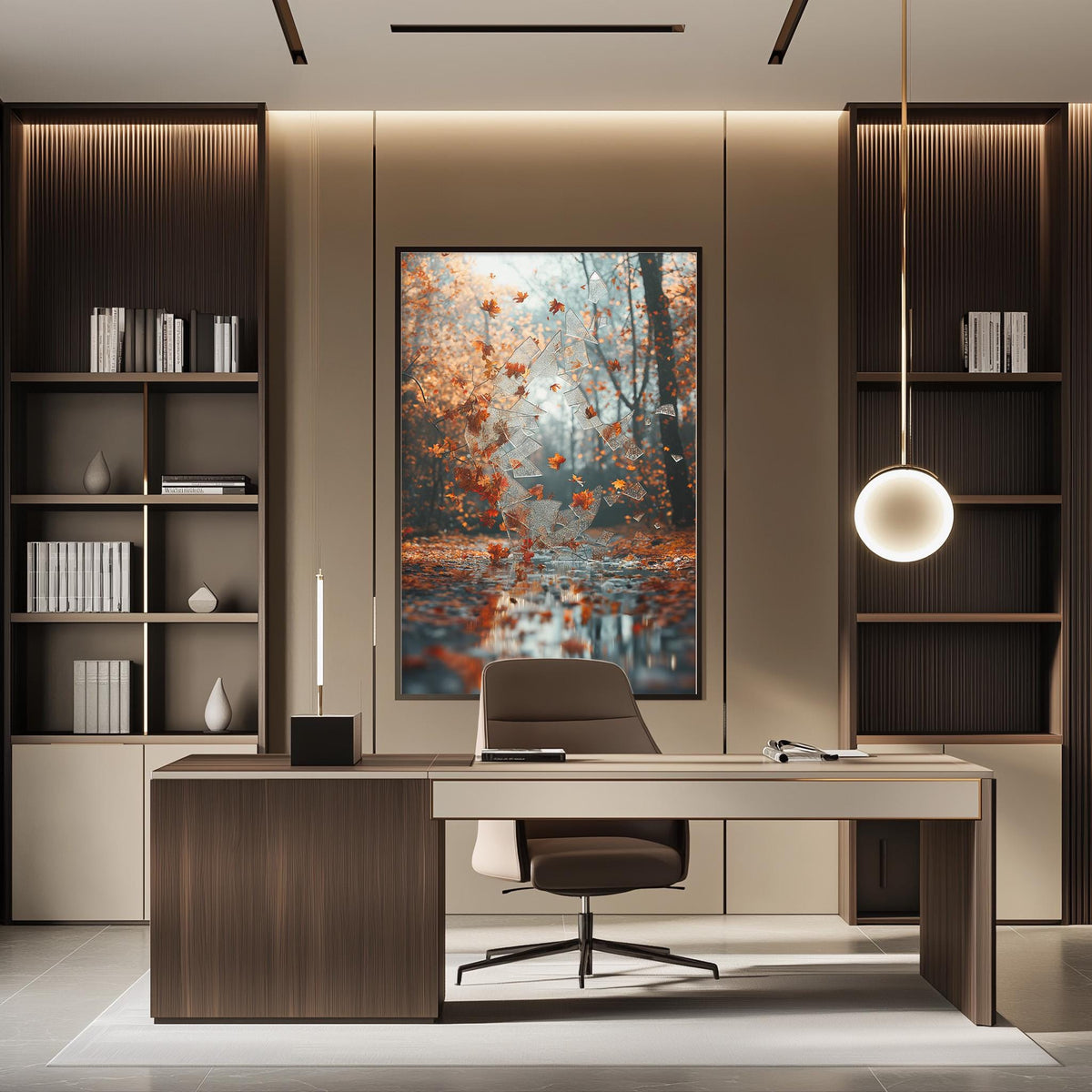 a modern and well-lit office space with a large framed artwork of a forest scene hanging on the wall. The office features a wooden desk, a comfortable-looking chair, and a pendant light above the desk, creating a warm and inviting atmosphere.