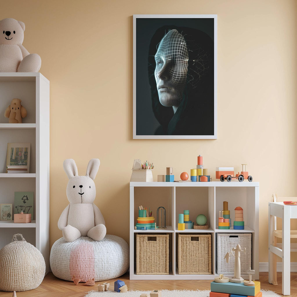 a child's bedroom with a white bookshelf, a stuffed rabbit, a toy train, and a framed image of a person's face on the wall.