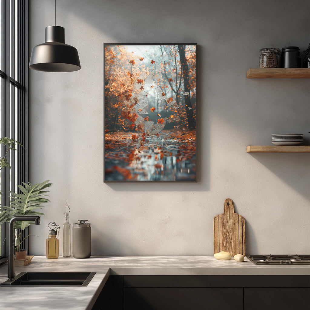 a kitchen counter with a framed picture of a forest scene hanging above it. The kitchen counter has various items on it, including a cutting board, a bottle, and a vase. The overall scene is serene and natural, with the forest providing a calming backdrop to the kitchen setting.