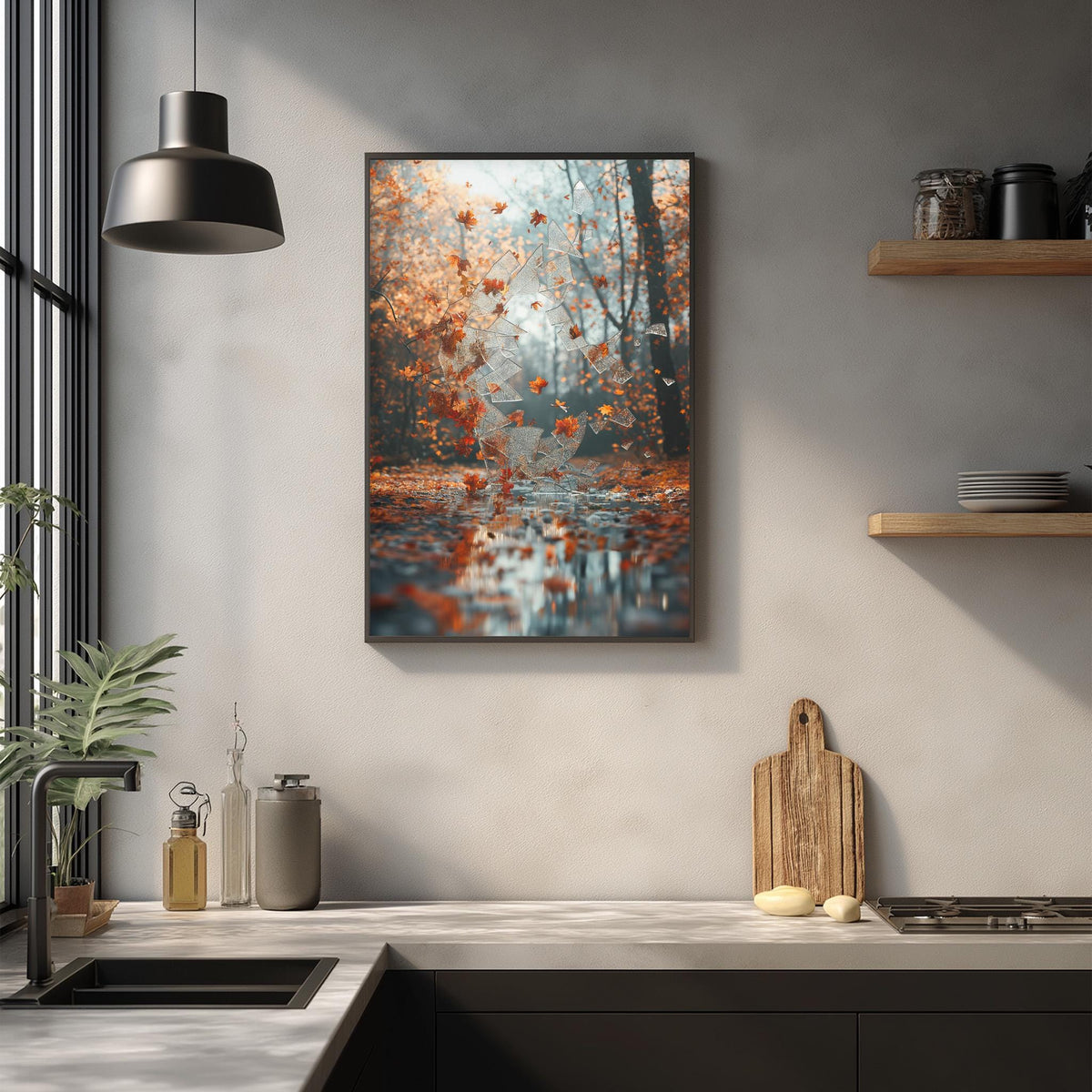 a kitchen counter with a framed picture of a forest scene hanging above it. The kitchen counter has various items on it, including a cutting board, a bottle, and a vase. The overall scene is serene and natural, with the forest providing a calming backdrop to the kitchen setting.