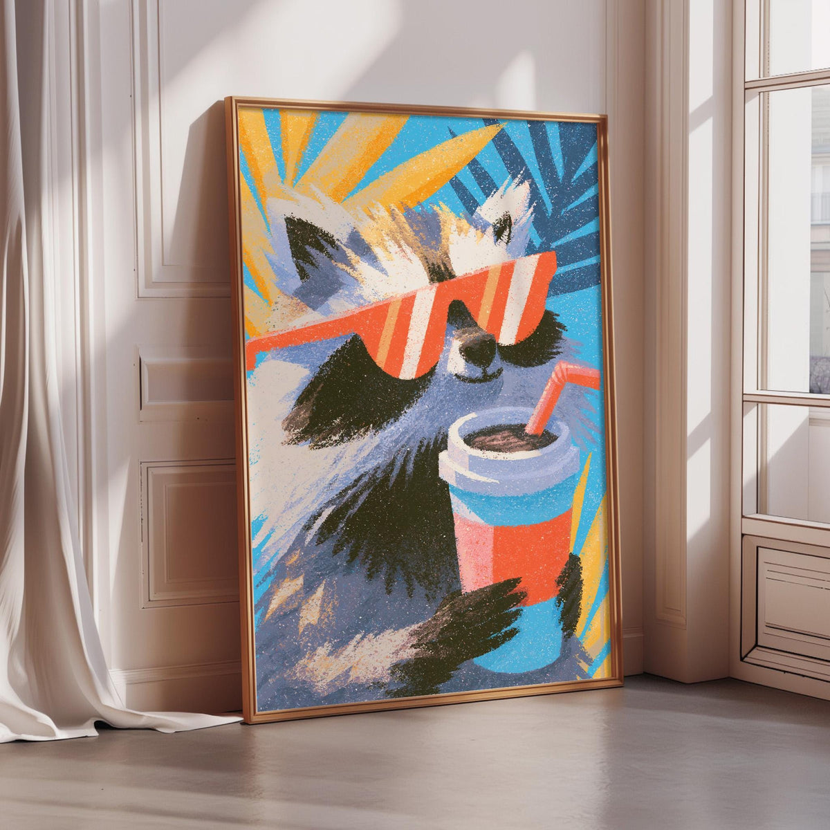 A framed painting depicting a raccoon wearing sunglasses and holding a drink, with a tropical background.