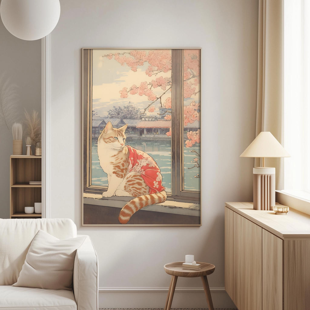 A framed illustration of a cat sitting on a windowsill, looking out at a scenic view of a river and cherry blossoms.