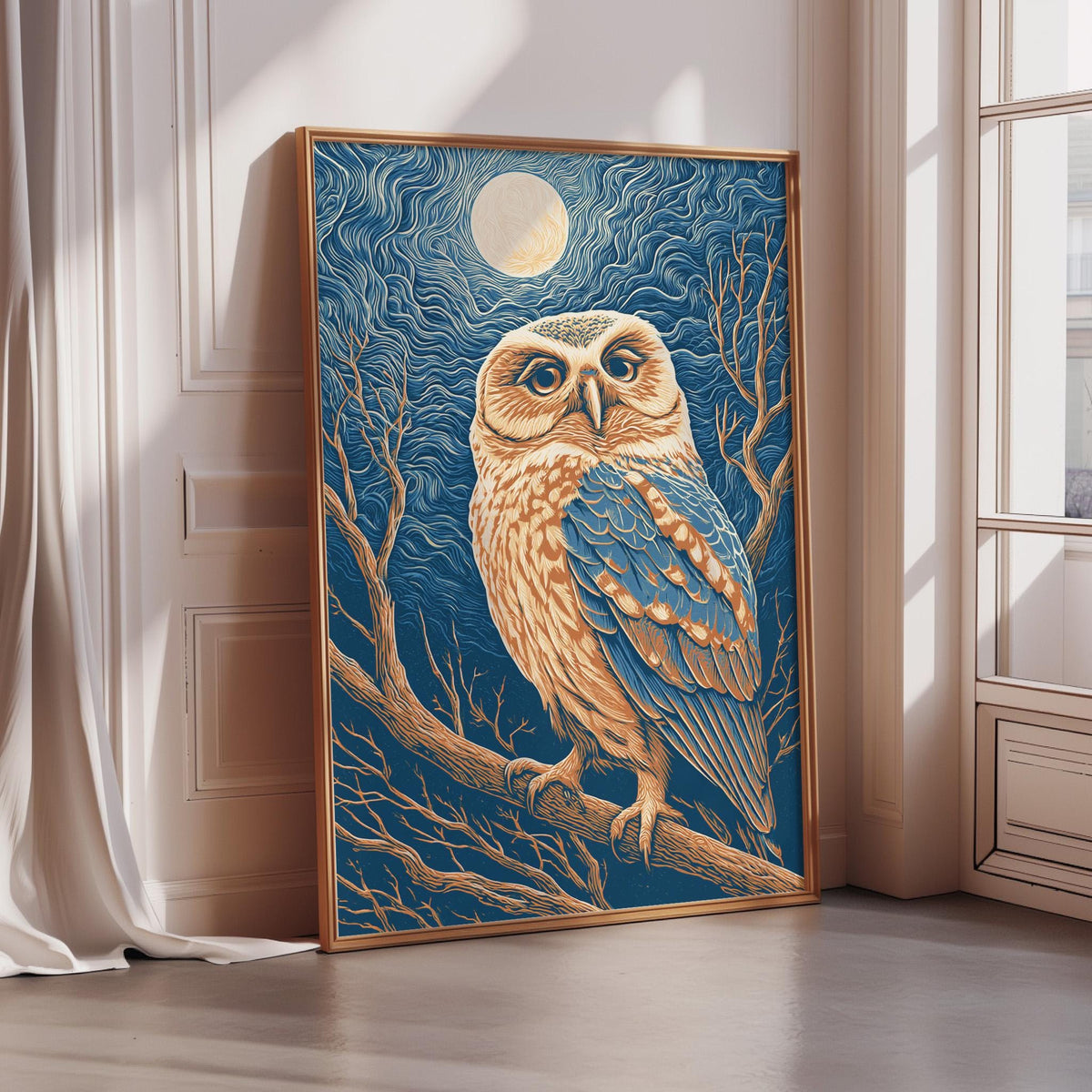 a large framed painting of an owl perched on a branch, with a full moon in the background.
