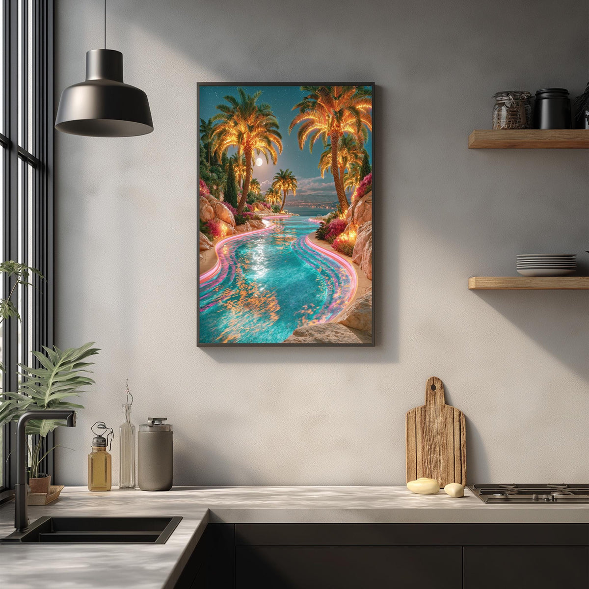 a vibrant tropical scene with palm trees, a turquoise pool, and a sunset sky, all set against a warm, golden backdrop.