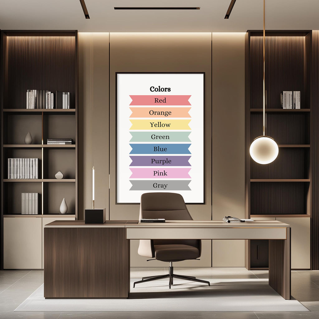 a modern office space with a large poster of the rainbow colors on the wall, a wooden desk with a chair, and a bookshelf in the background.