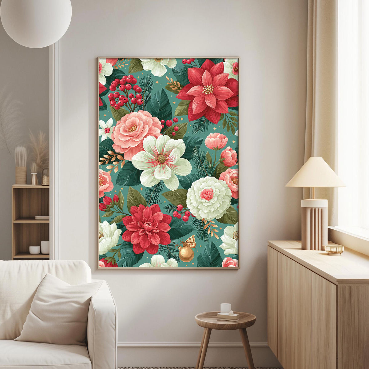 a large floral print hanging on a wall in a living room, with a white sofa and a wooden side table nearby.