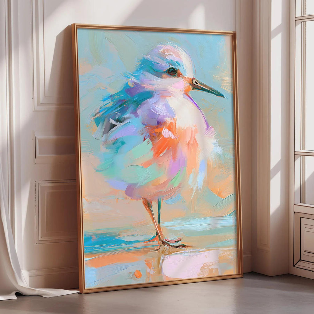 a large, colorful painting of a bird, possibly a seagull, standing on a surface. The bird is depicted in a vibrant palette of blue, orange, and pink hues, with intricate details and brushstrokes that bring the artwork to life. The painting is framed and placed on a wall, creating a striking visual focal point in the room.