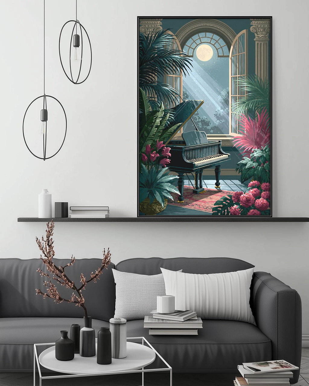 a living room with a gray sofa, a coffee table, and a large framed painting depicting a piano surrounded by tropical plants and flowers.