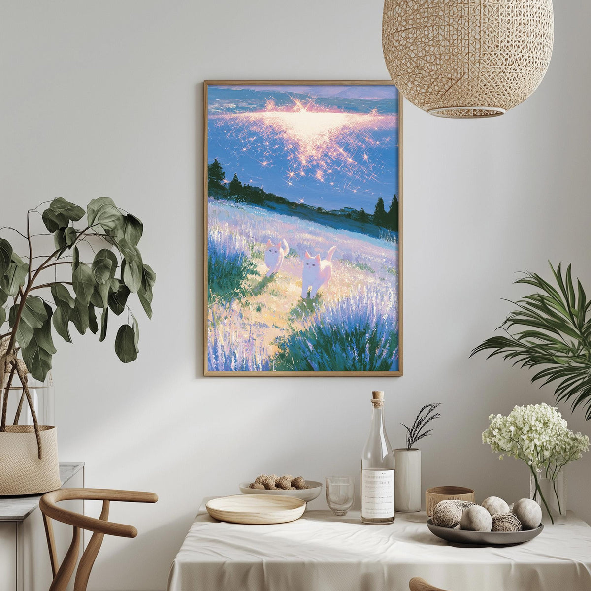 a serene and colorful painting of a field with flowers, hanging on a wall above a dining table. The table is set with various items, including a bottle, a bowl, and a vase, creating a cozy and inviting atmosphere.