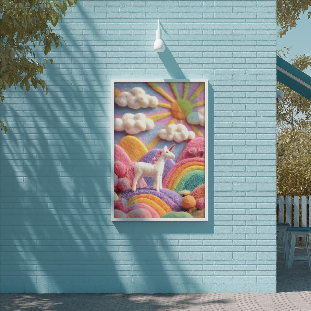 Unicorn Wall Art Print, 3D Felt Rainbow Fantasy Landscape, Pastel Nursery Decor, Cute Kids Room Wall Art, Whimsical Fairy Tale Poster