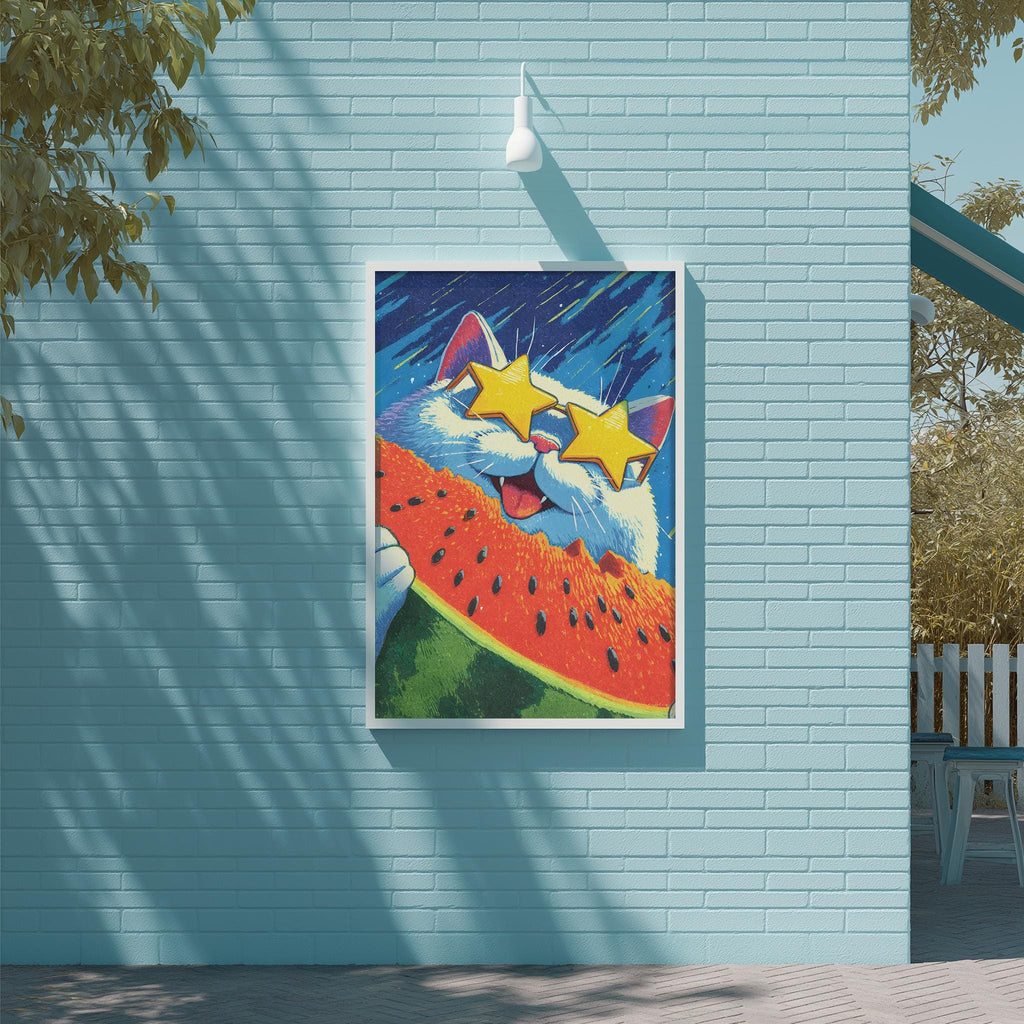 A vibrant painting of a cat wearing sunglasses and holding a slice of watermelon is displayed on a blue wall.