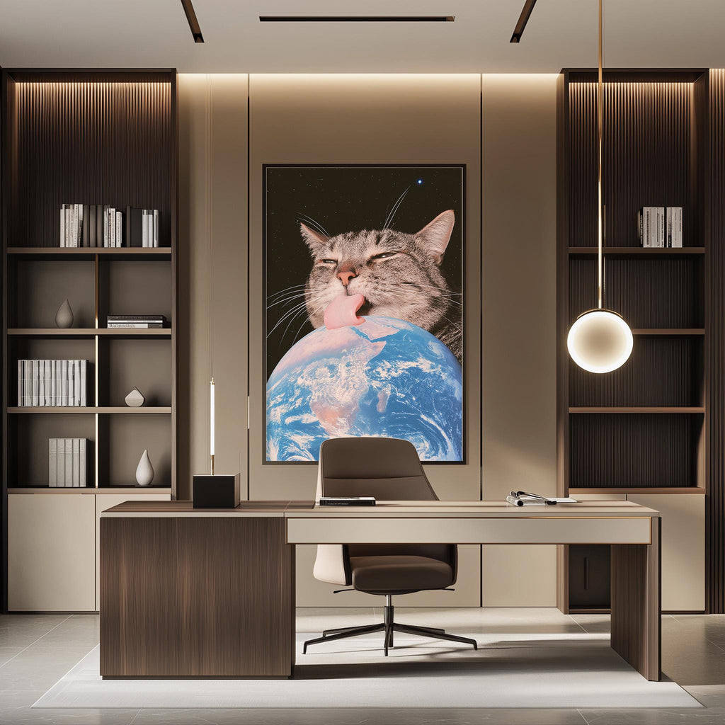 a modern office space with a large framed picture of a cat licking a globe on the wall. The office has a wooden desk, a chair, and a bookshelf.