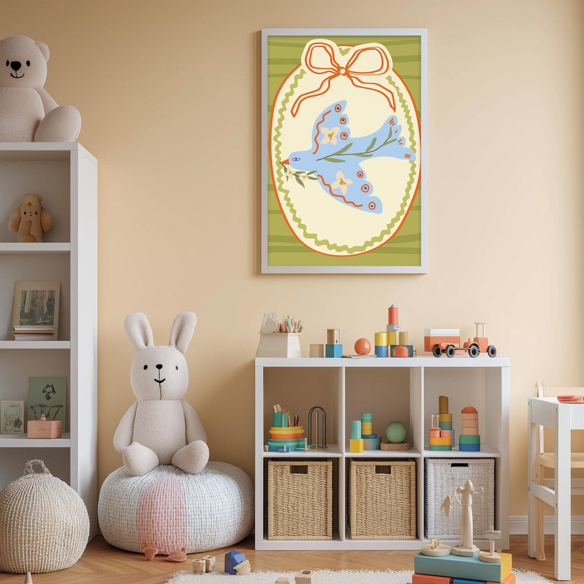 A cozy and colorful children's bedroom with a large stuffed bunny, a bookshelf, and a toy chest filled with toys. The walls are painted a light peach color, and there is a framed picture of a bird on the wall.