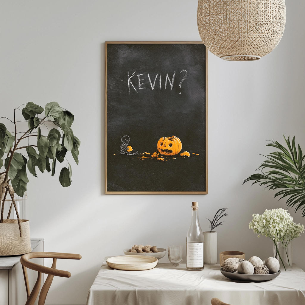 a dining table with a white tablecloth, a bowl of fruit, a bottle, and a vase with flowers. Above the table, there is a framed drawing of a pumpkin with the word "KEVIN?" written on it.