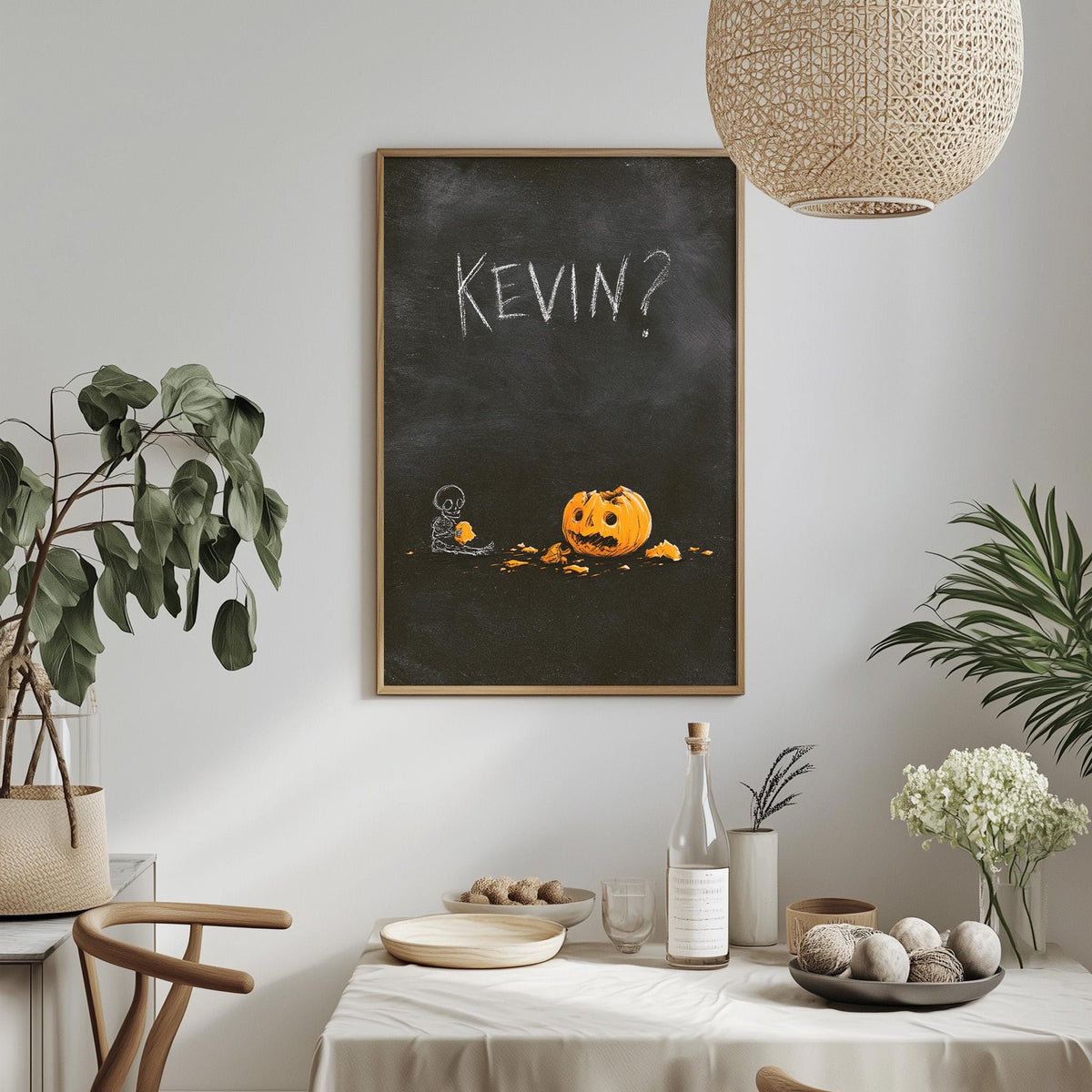 a dining table with a white tablecloth, a bowl of fruit, a bottle, and a vase with flowers. Above the table, there is a framed drawing of a pumpkin with the word "KEVIN?" written on it.
