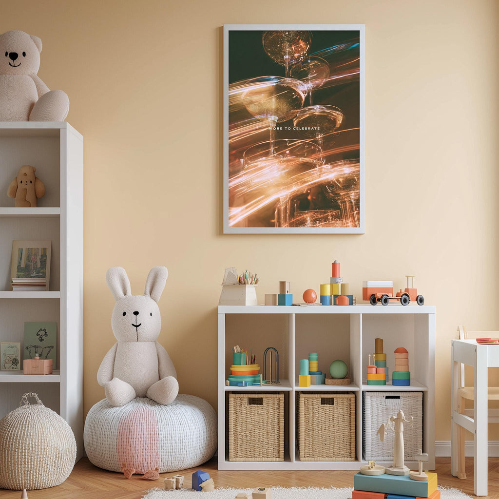 A cozy and colorful children's bedroom with a large stuffed rabbit, shelves filled with toys, and a framed poster on the wall.