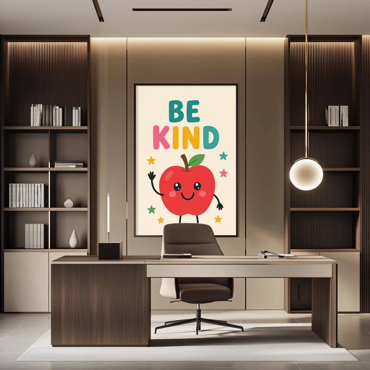 a modern office space with a large poster of an apple character on the wall, which says "Be Kind". The office has a wooden desk, a chair, and a bookshelf filled with books.